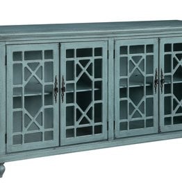 Crestview Mendenhall 4 Geometric Glass Door Textured Teal Sideboard