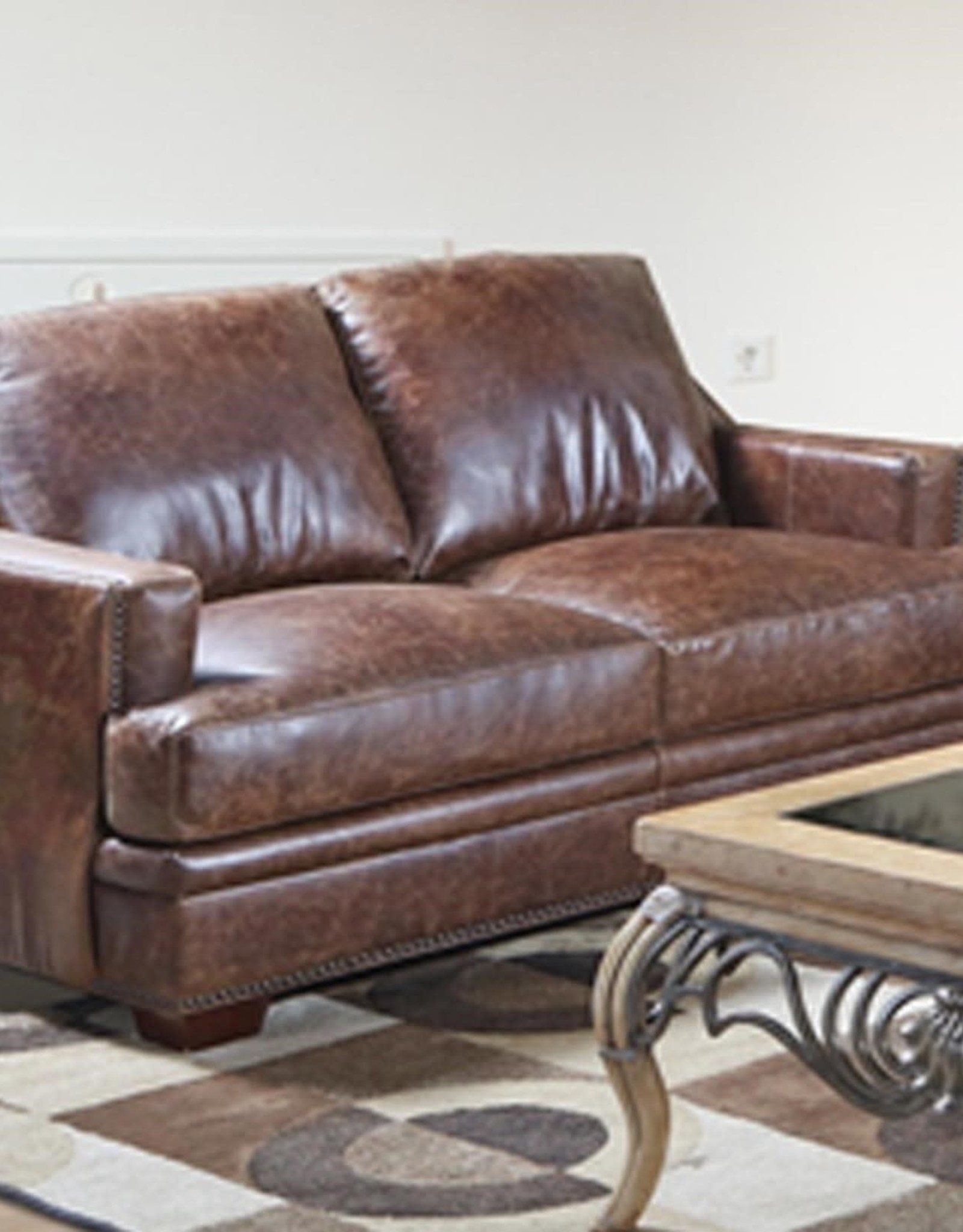 USA Premium Leather Ancient Brown Leather Track Arm Love Seat