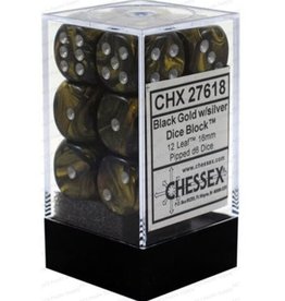 Chessex CHX27618 Black Gold with Silver Leaf 16mm 12-Set