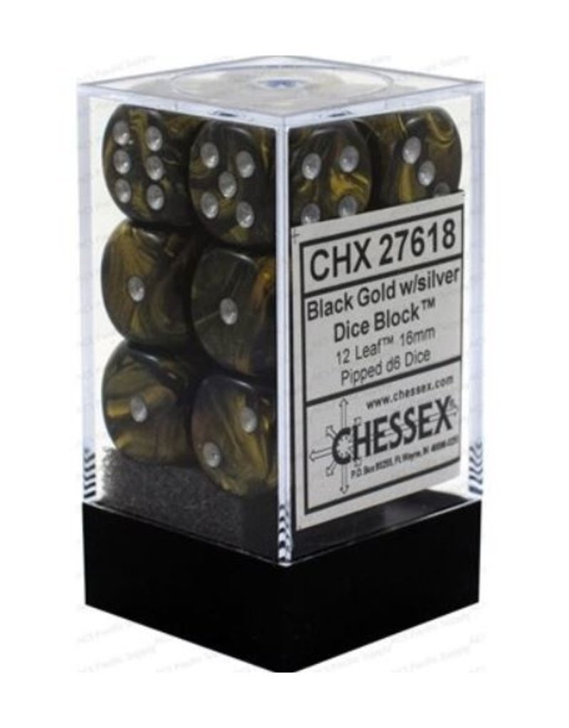 Chessex CHX27618 Black Gold with Silver Leaf 16mm 12-Set