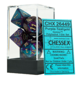 Chessex CHX26449  7-setCubeGemini#5 purple-teal w/gold