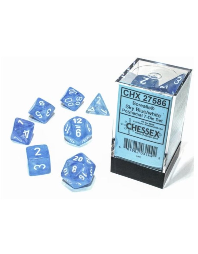 Chessex 7 Die Set - Borealis Sky Blue/white