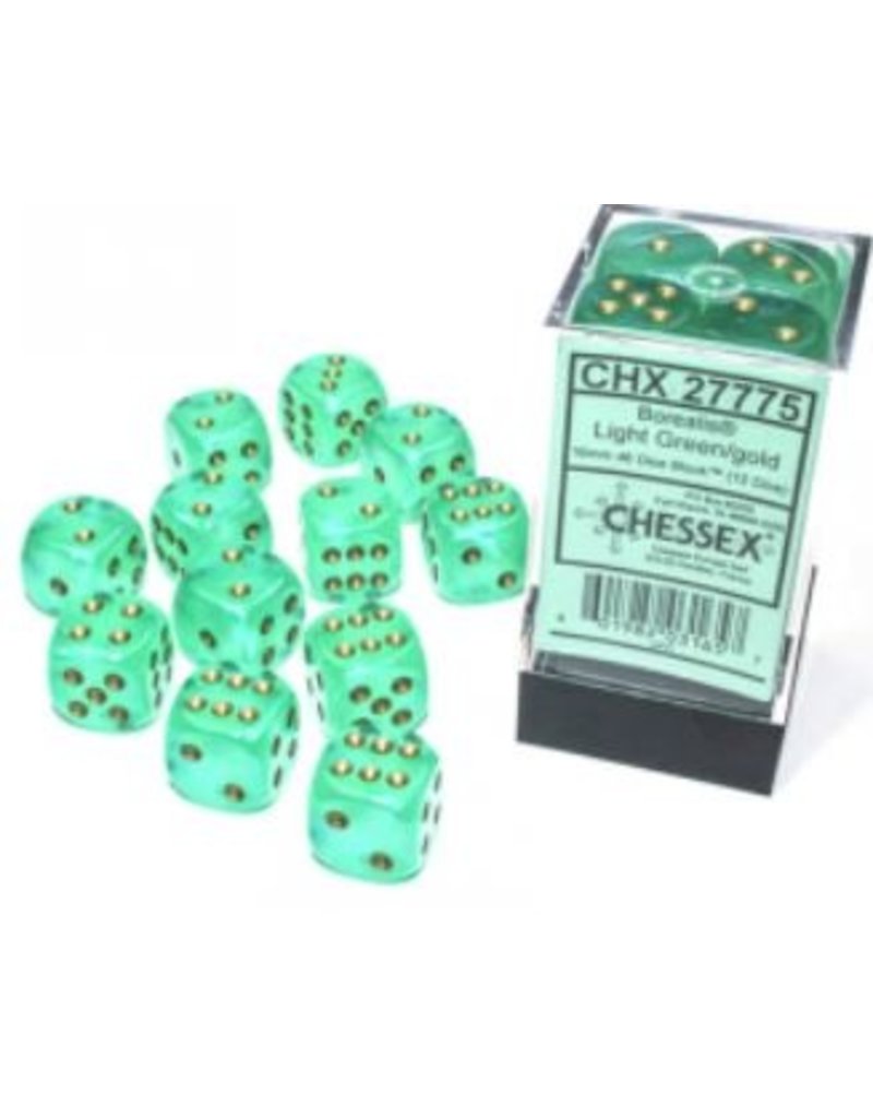 Chessex D6 Block - 16mm - Borealis Light Green/gold Luminary