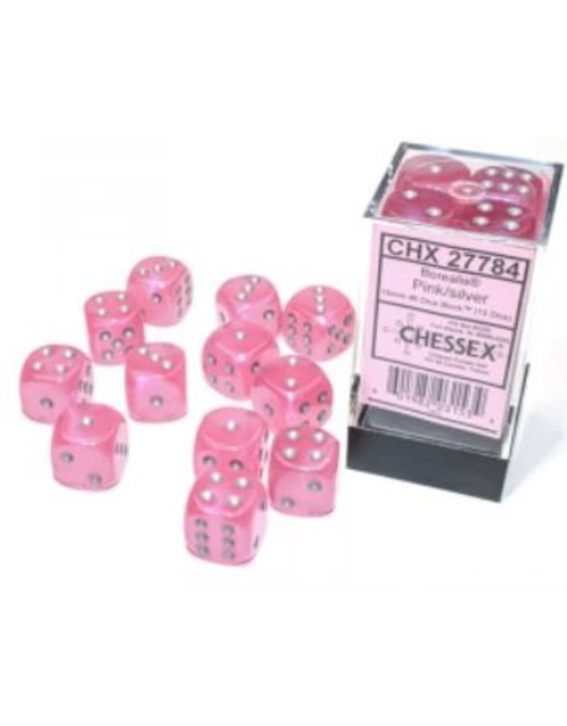 Chessex D6 Block - 16mm - Borealis Pink/silver Luminary