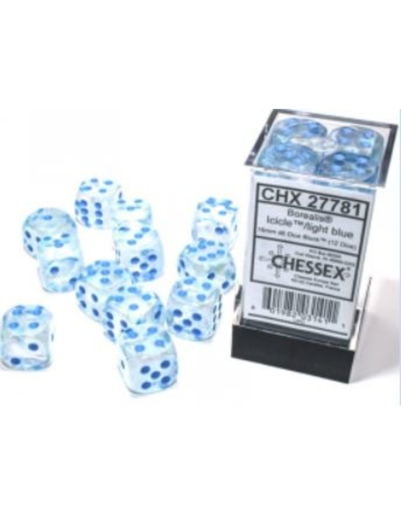 Chessex D6 Block - 16mm - Borealis Icicle/light blue luminary