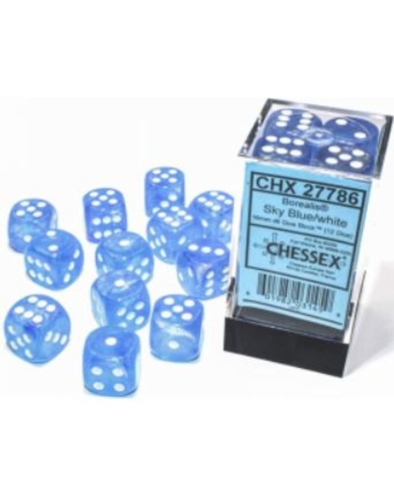 Chessex D6 Block - 16mm - Borealis Sky Blue/white Luminary