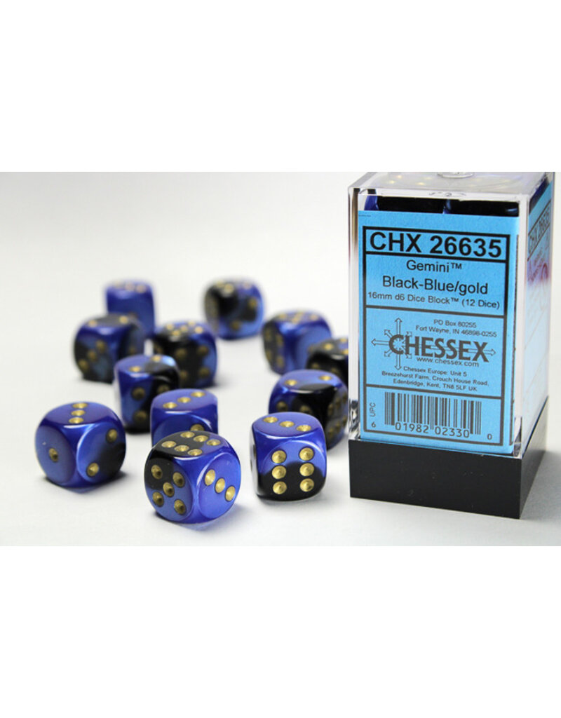 Chessex D6 Block - 16mm - Gemini Black-Blue/Gold