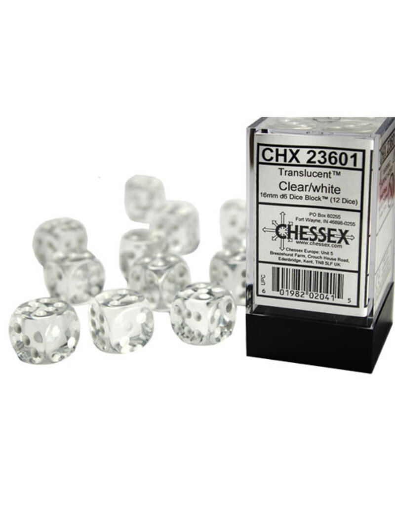 Chessex D6 Block - 16mm - Translucent Clear/White