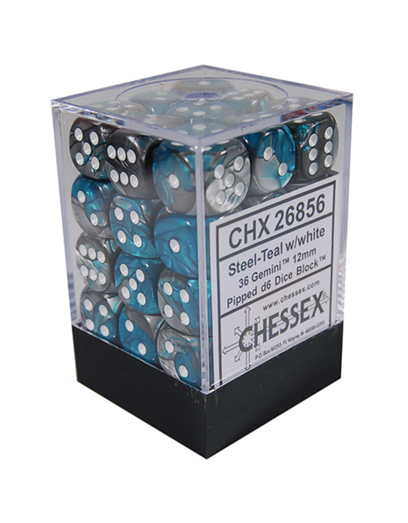 Chessex D6 Block - 12mm - Gemini Steel-Teal With White