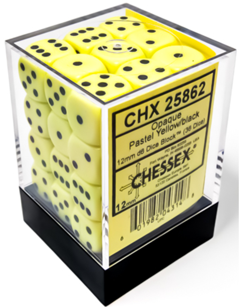 Chessex Opaque 12mm d6 Pastel Yellow/black Dice Block (36 dice)