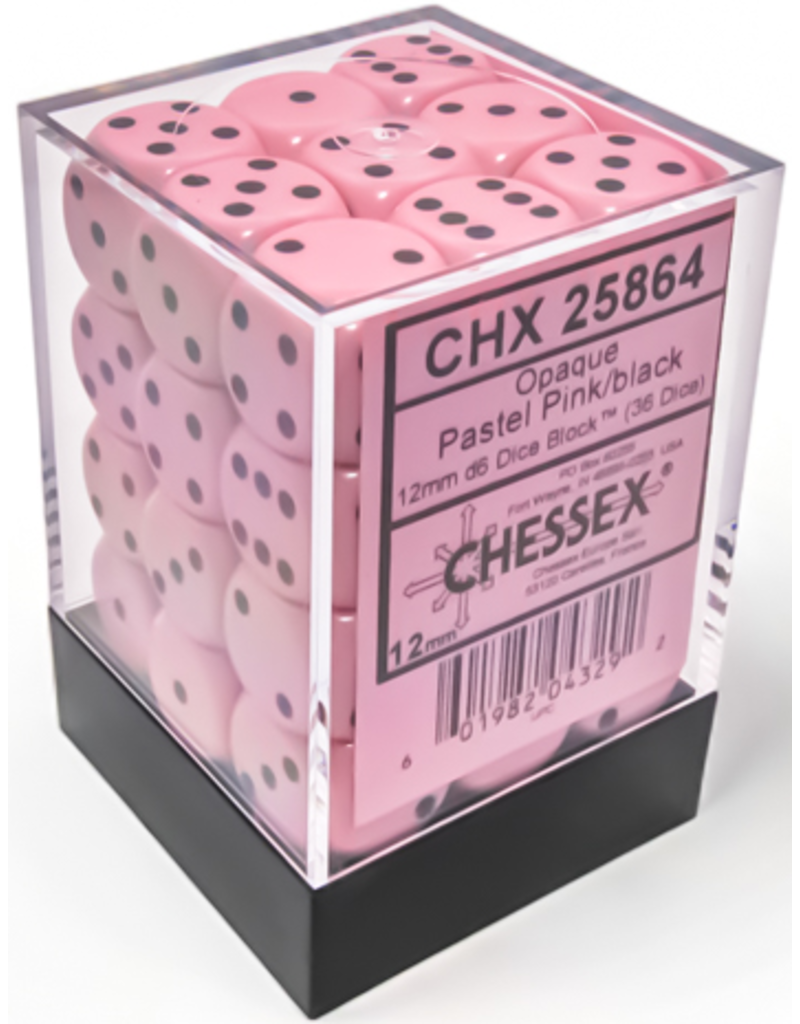 Chessex Opaque 12mm d6 Pastel Pink/black Dice Block (36 dice)