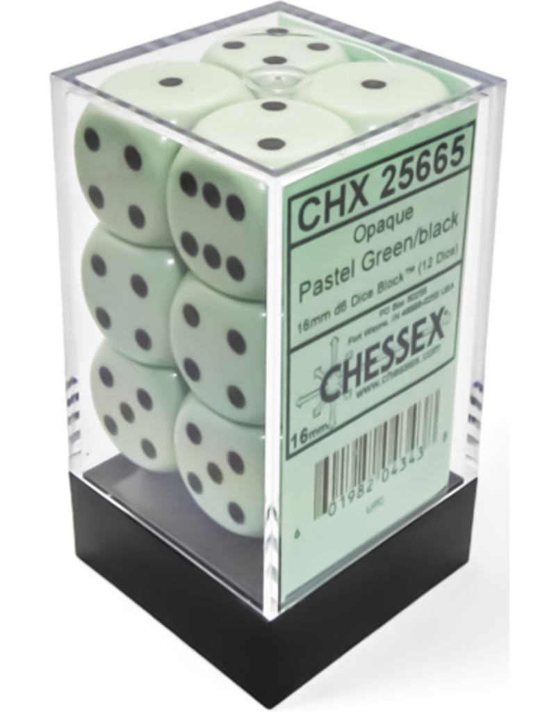 Chessex Opaque 16mm d6 Pastel Green/black Dice Block (12 dice)