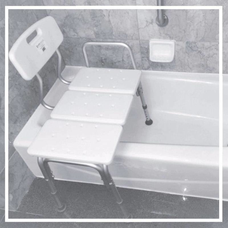 Transfer Bath Bench shown positioned over edge of tub