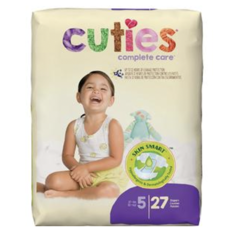 First Quality Cuties® Baby Diaper Size 5, Over 27 lb - 1 case (4 packages of 27 for total of 108)