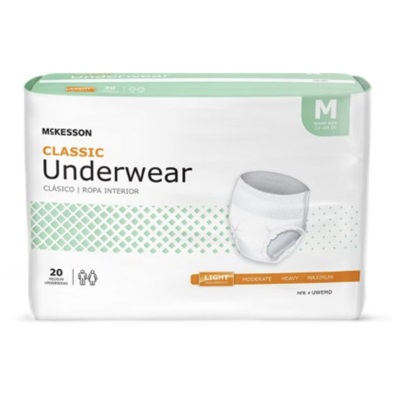 McKesson Unisex Adult Absorbent Underwear Classic Pull On with Tear Away  Seams Medium Disposable Light Absorbency (4 packages per 1 case, 20 per  package) - Accessibility Medical Equipment ®