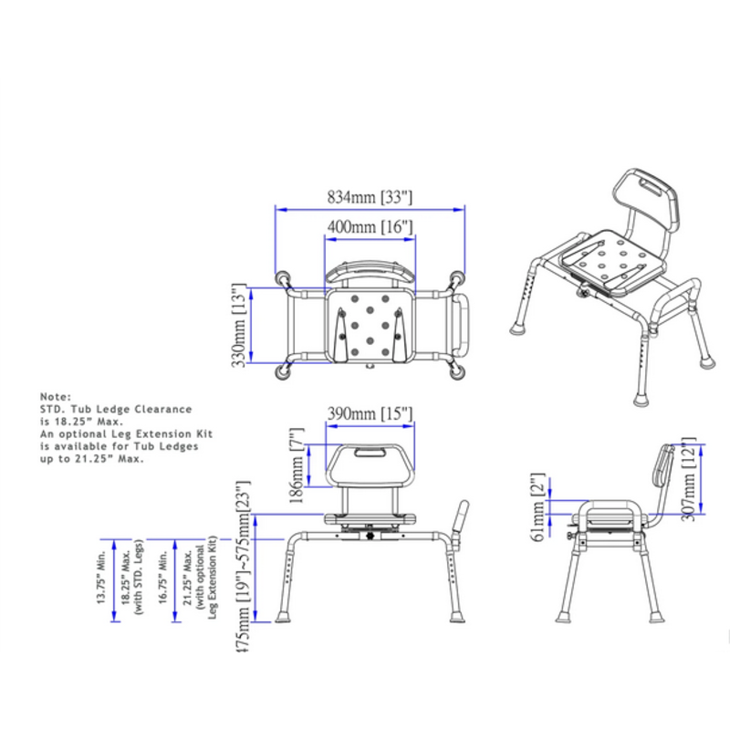 Platinum Health Gateway Premium Sliding Bath Transfer Bench with Padded Swivel Seat & Safety Belt