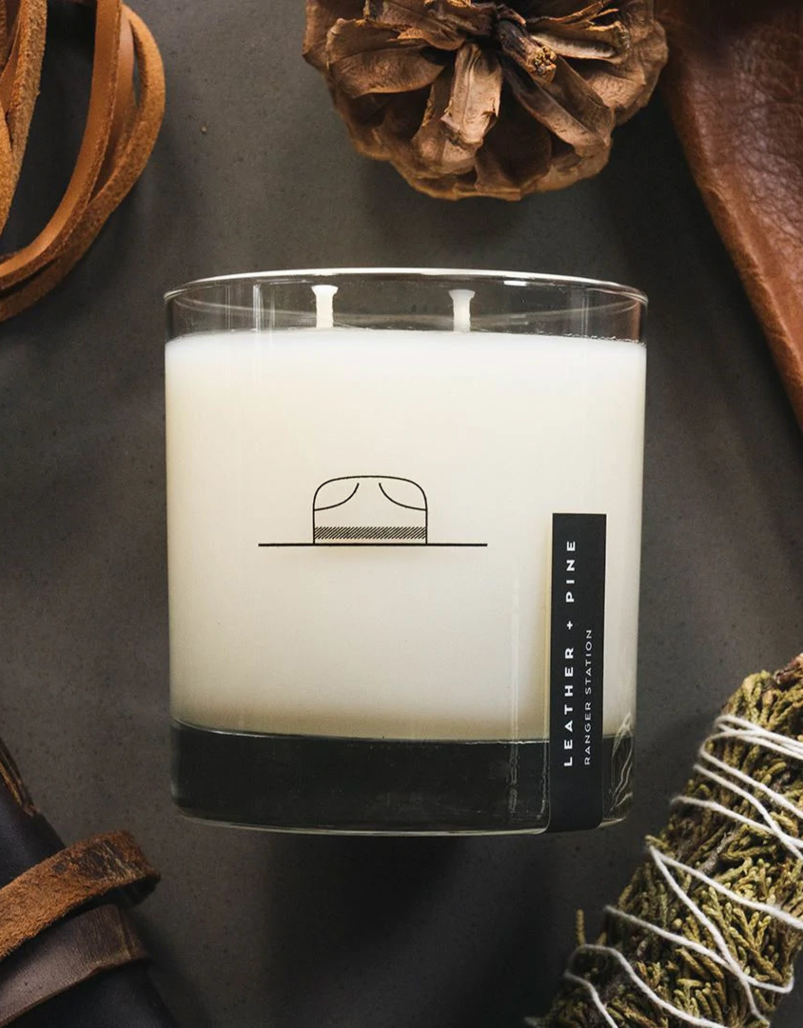 Ranger Station Leather + Pine Rocks Glass Candle