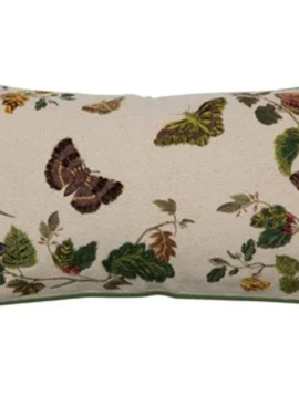 Cotton Lumbar Pillow w/ Butterflies, Flowers, Embroidery & Piping