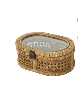 UMA Rattan Homemade Wrapped Oval Storage Box W/ Glass Top