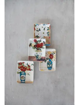 Stoneware Dish with Flowers in Vase (4 Styles)