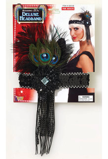 20's Flapper Headband with Peacock Feathers: Black
