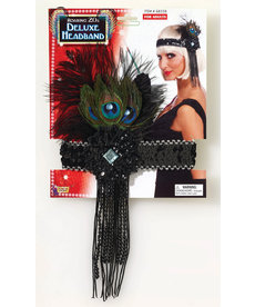 20's Flapper Headband with Peacock Feathers: Black