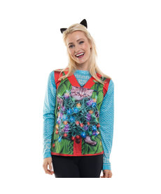 Ladies Christmas Sweater Tee: Cat Trapped