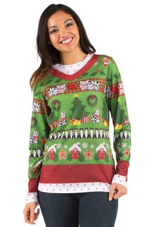 Ladie's Christmas Sweater Tee: Ugly Christmas Sweater w/ Cats