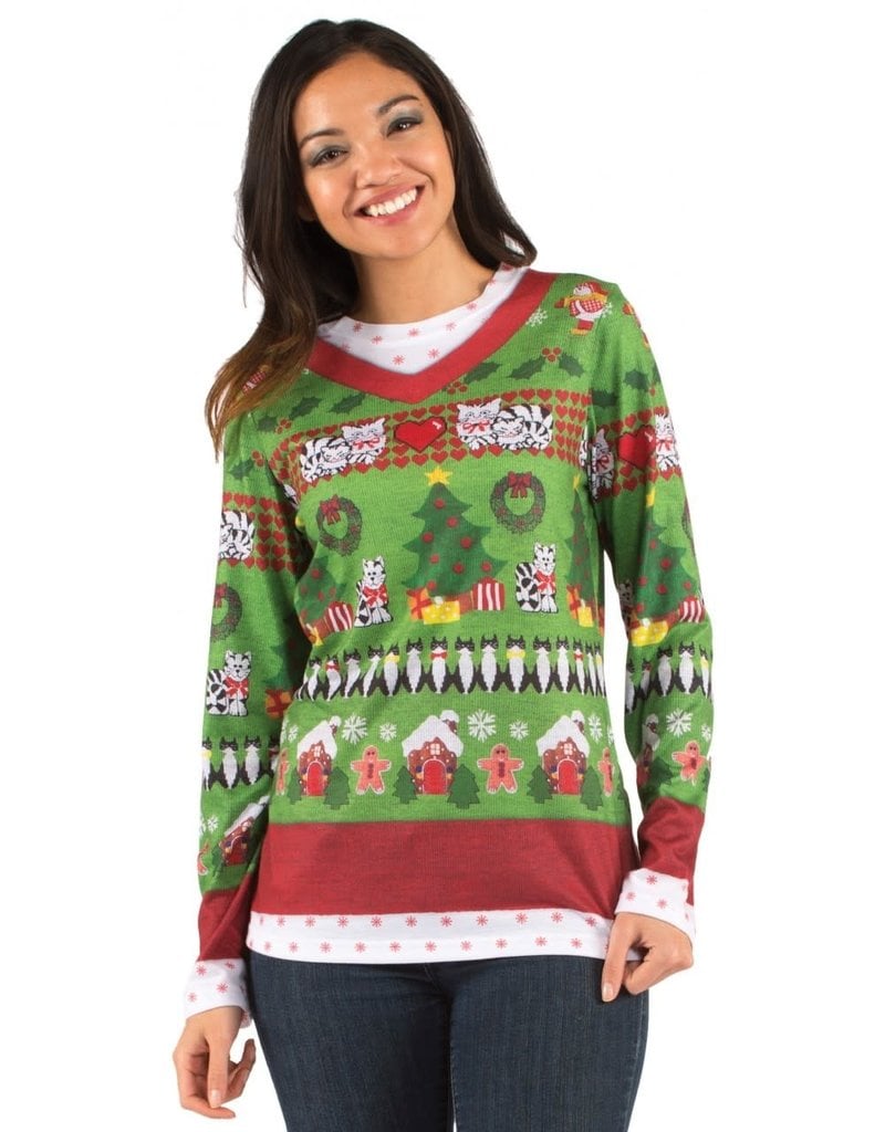 Ladie's Christmas Sweater Tee: Ugly Christmas Sweater w/ Cats