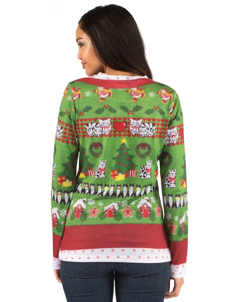 Ladie's Christmas Sweater Tee: Ugly Christmas Sweater w/ Cats