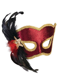 Carnival Half Mask w/ Black Feathers: Maroon