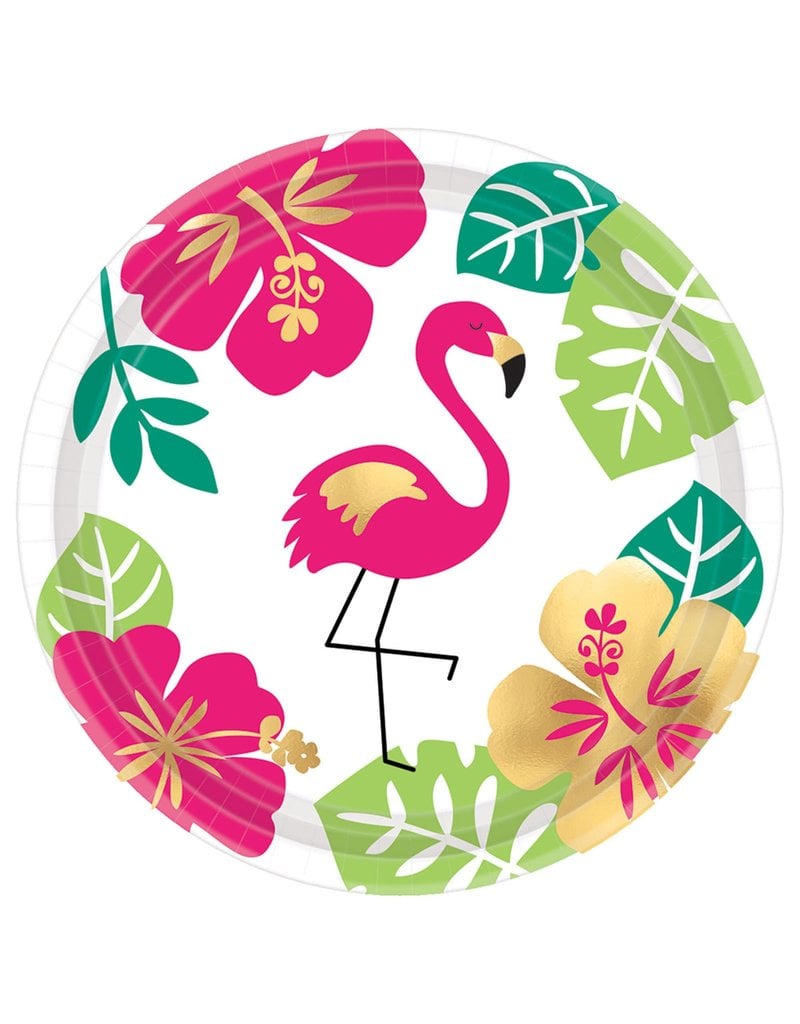 7" Metallic Aloha Flamingo Snack Plates (8pk.)