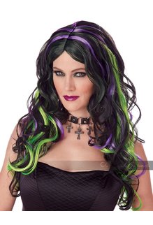 California Costumes Black Witch Wig with Green & Purple Highlights