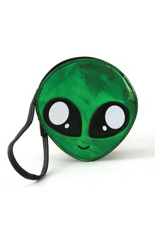 Wristlet Vinyl Wallet: Alien Face - Green