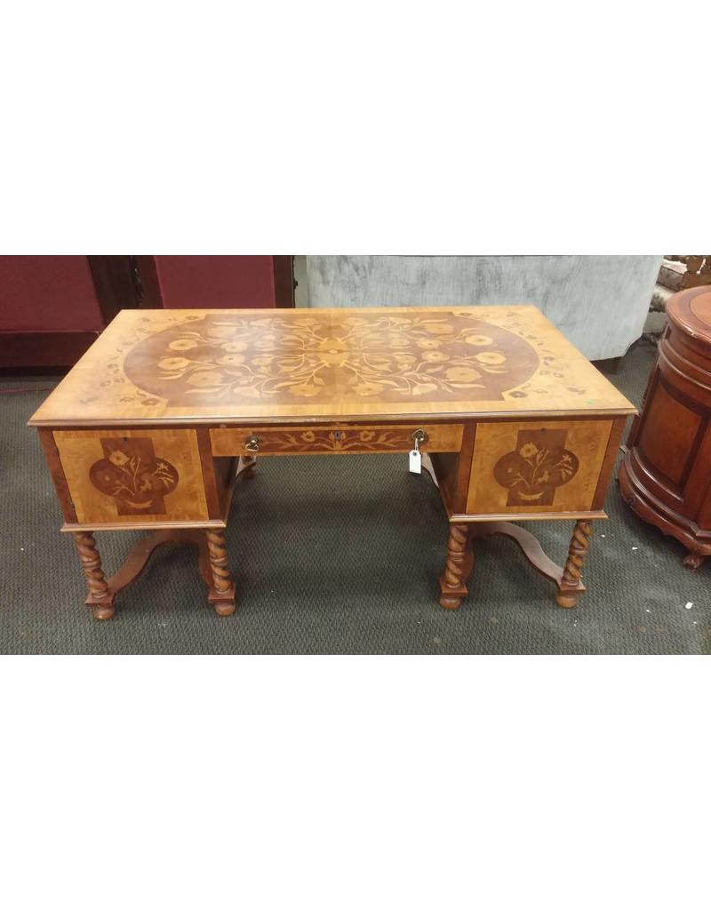 Office Desk Light Wood Inlaid Flowers 2 Locked Cabinets 1 Drawer