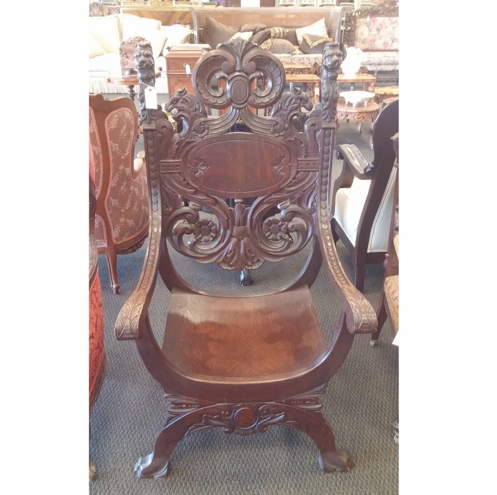 Chair, All wood, Carved, Round Seat - 2059 Antiques