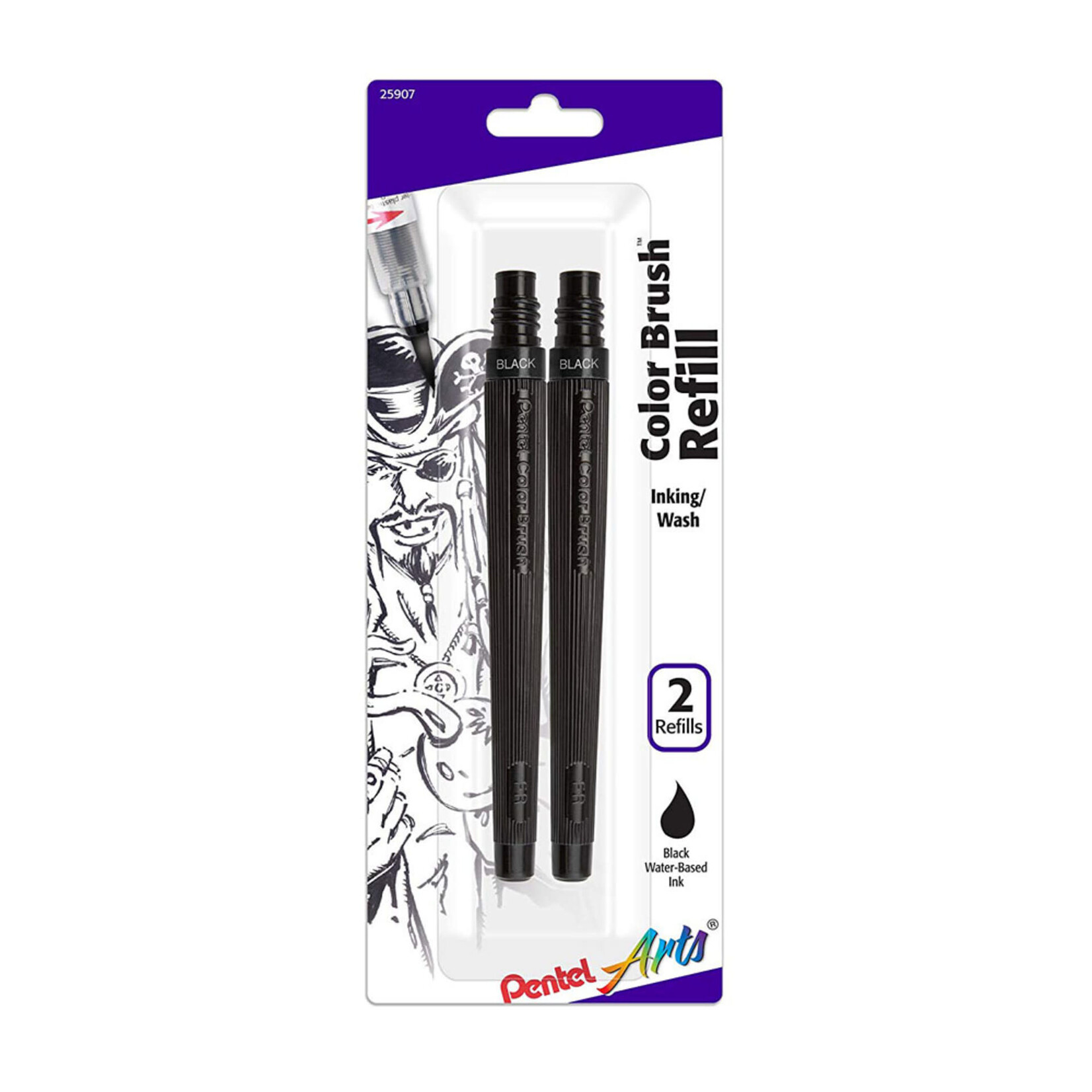 Pentel Color Brush Refill Ink Cartridges, Black Water-Based, 2/Pkg