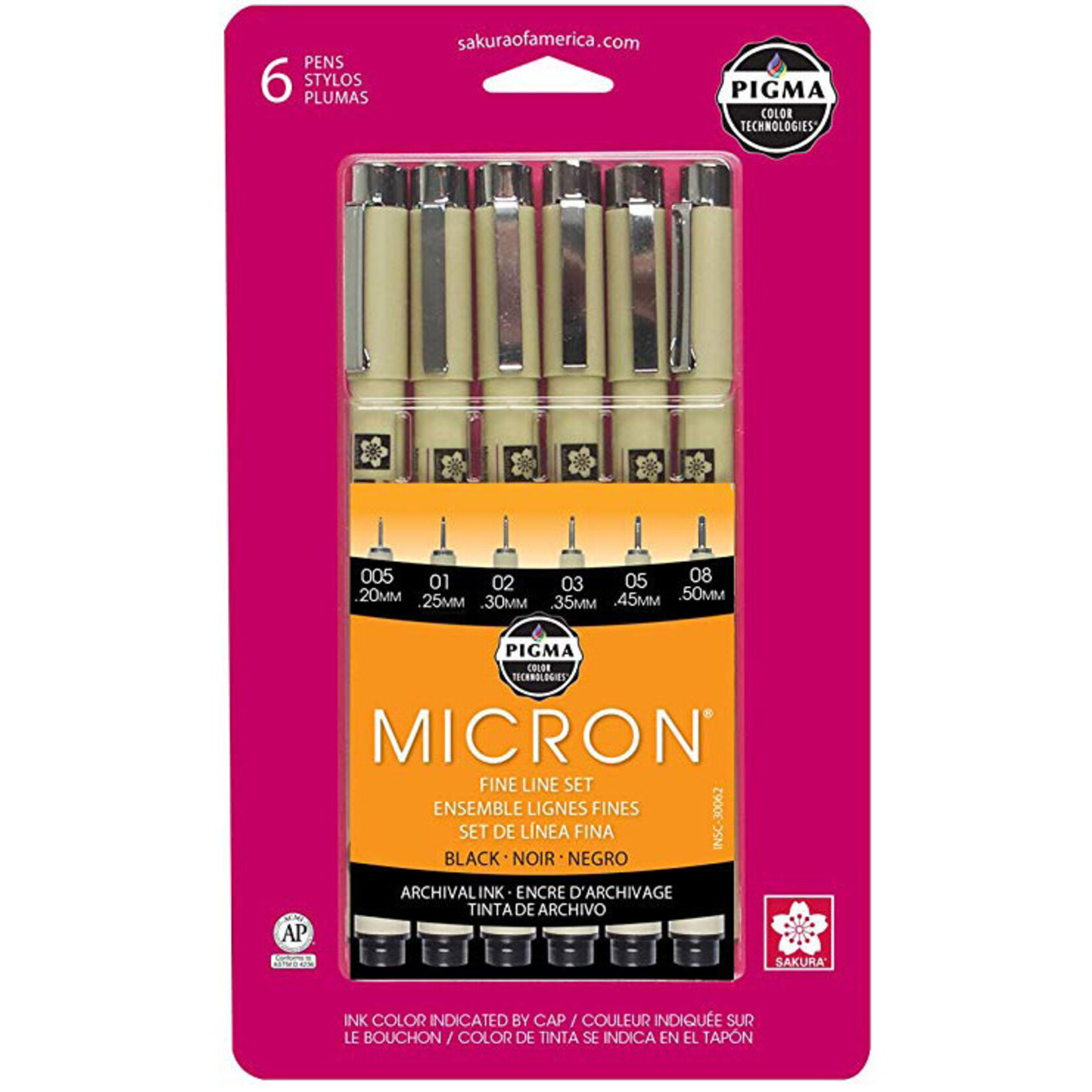 Sakura Pigma Micron Pens, Sets - Black Ink, 6-Pen Set