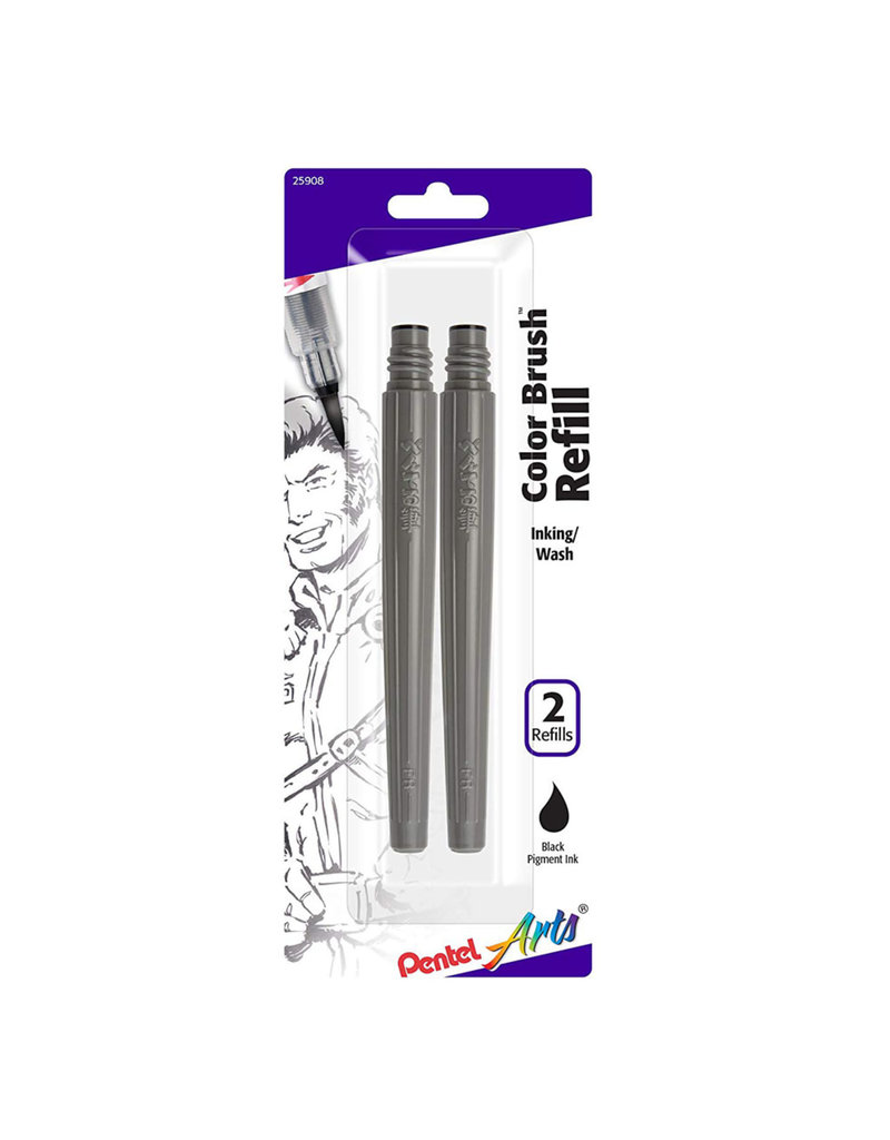 Pentel Color Brush Refill Ink Cartridges, Black Pigmented, 2/Pkg