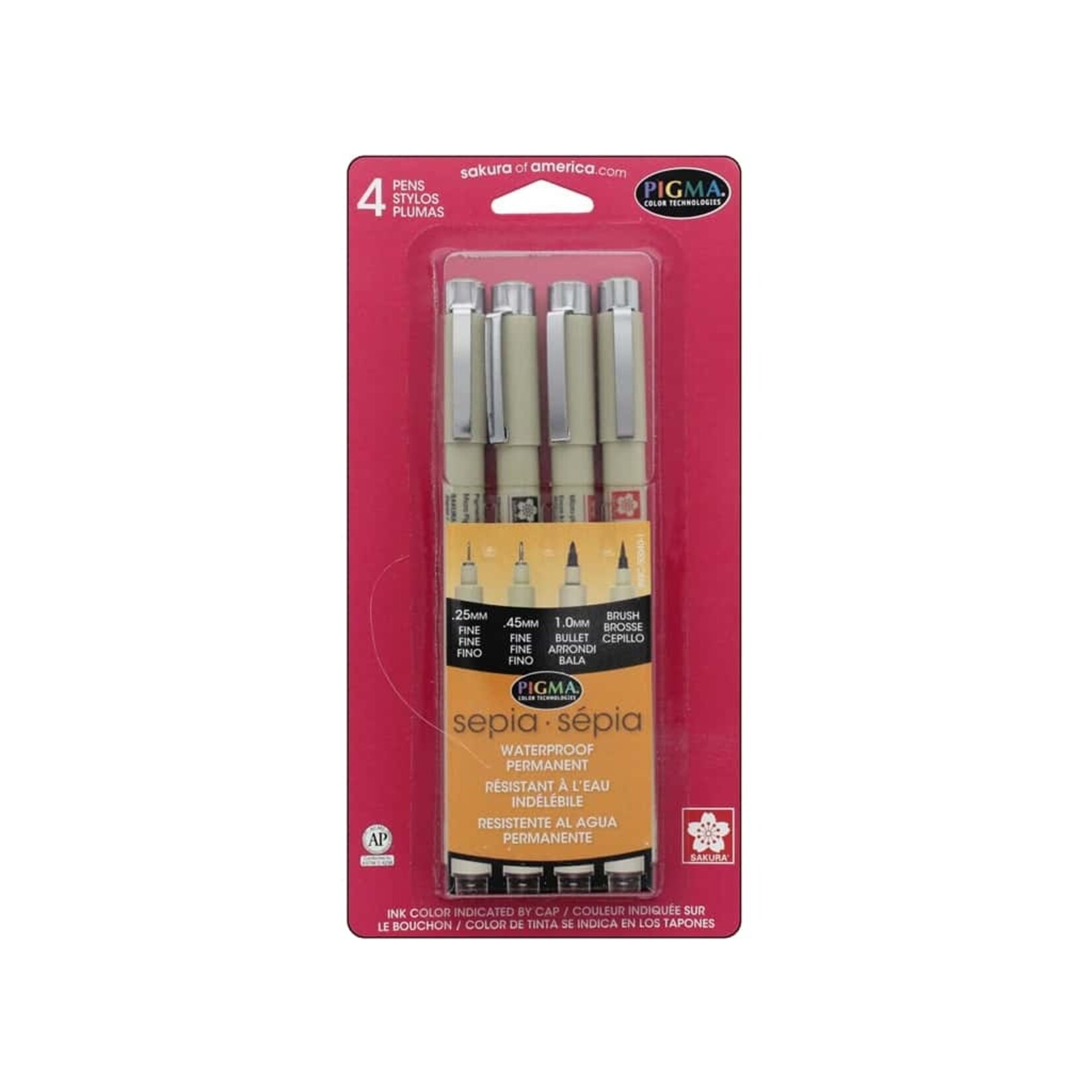 Sakura Sepia Pigma Brush, Graphic & Micron 4-Pen Set, 4 nib sizes