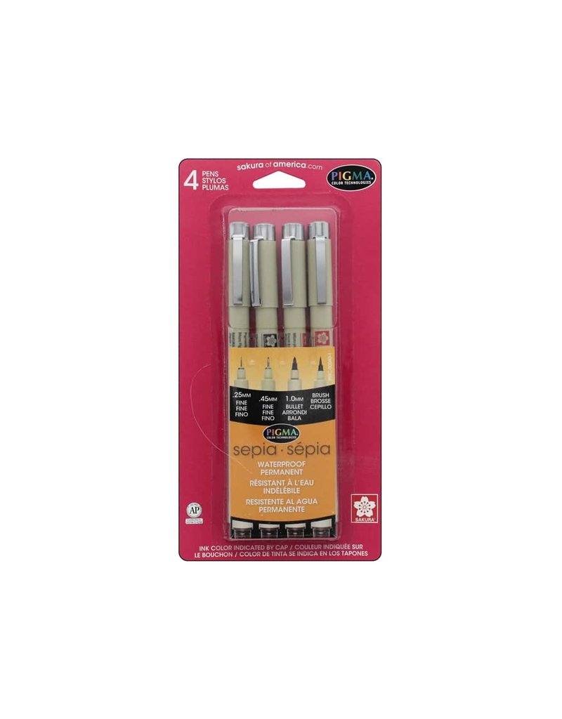 Sakura Sepia Pigma Brush, Graphic & Micron 4-Pen Set, 4 nib sizes