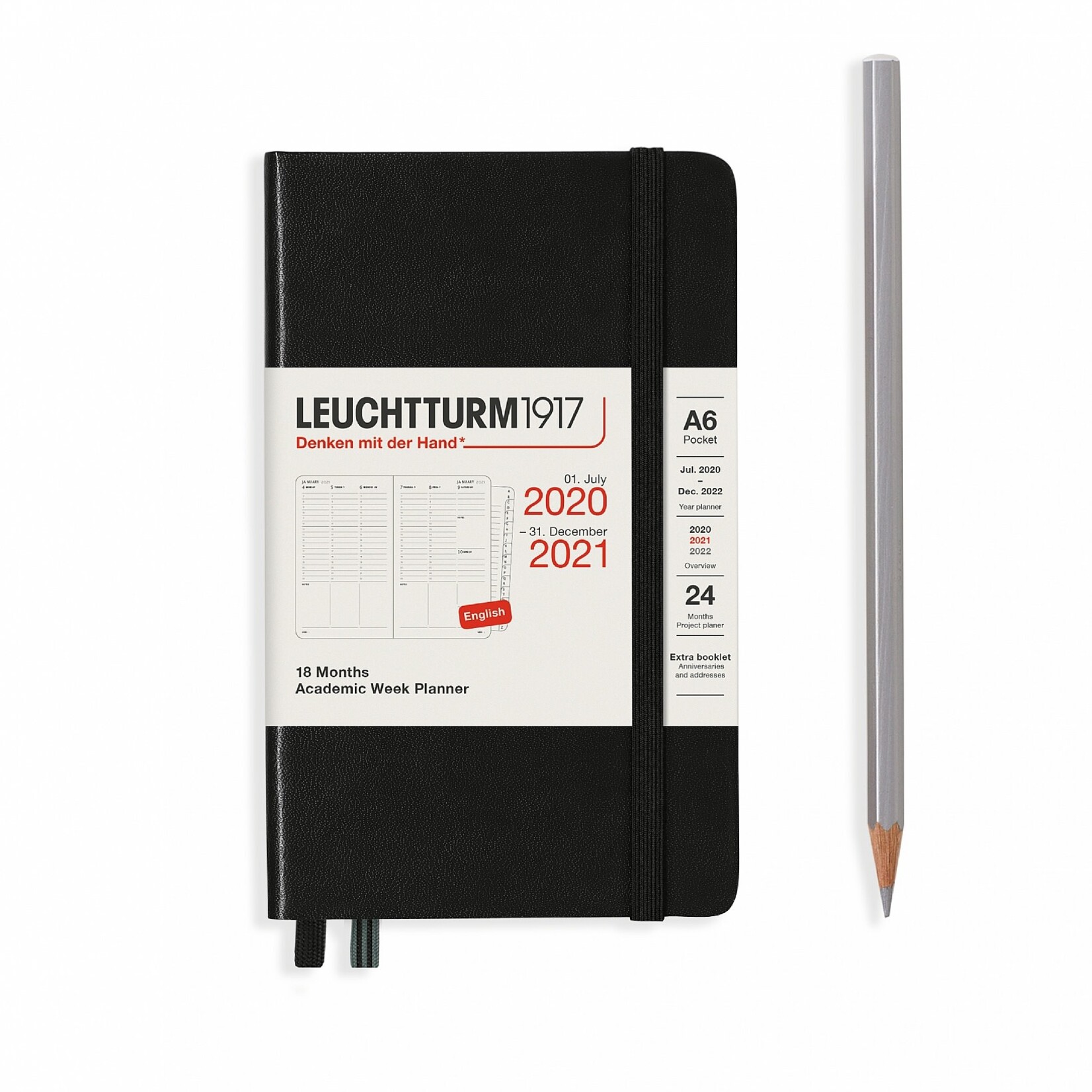 Leuchtturm Leuchtturm Black, Academic Week Planner 18 Months Pocket (A6) 2020 English