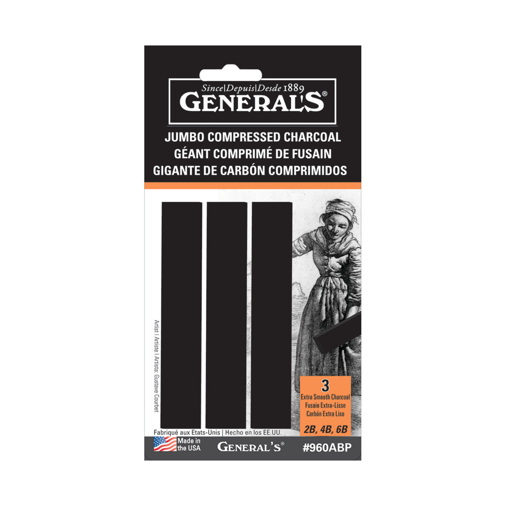General Pencil Jumbo Compressed Charcoal Sets, 3-Stick Assortment
