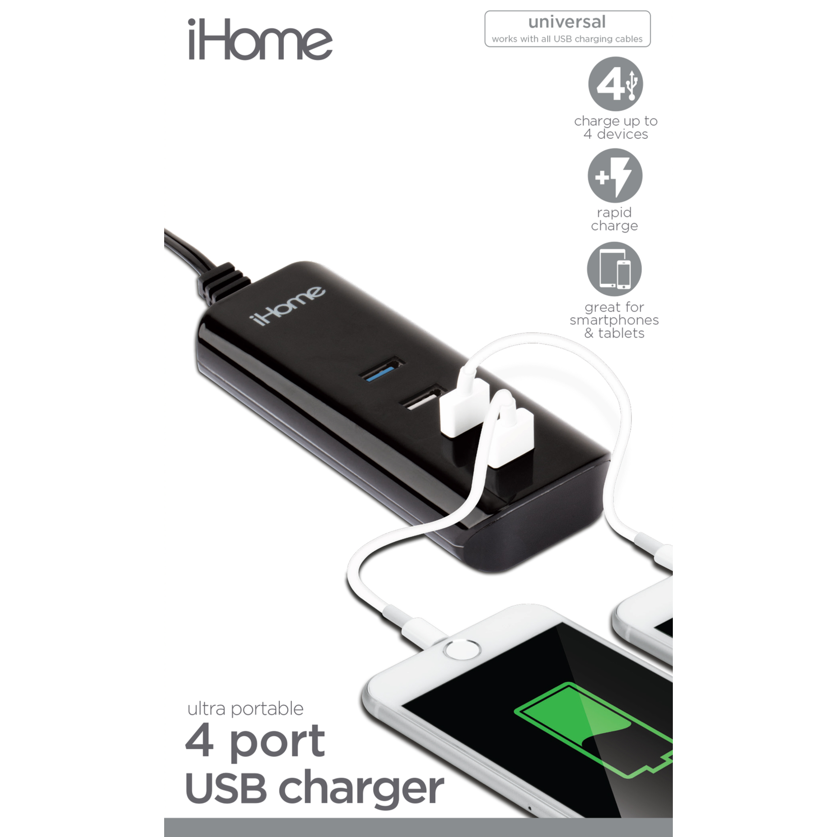 iHome iHome 4-Port USB Multi Charge Hub - Black 4.0A BP