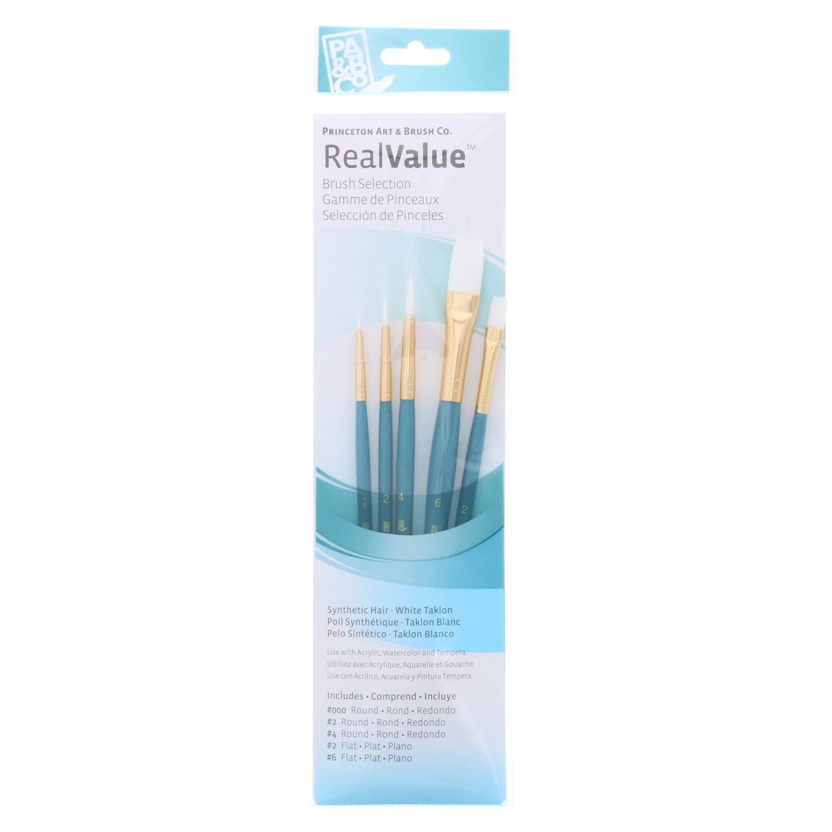 Princeton Real Value Brush Sets, 5-Brush Sets, 5 Brush White Taklon Brush Set Round 3/0, 2, 4, Flat 2, 6