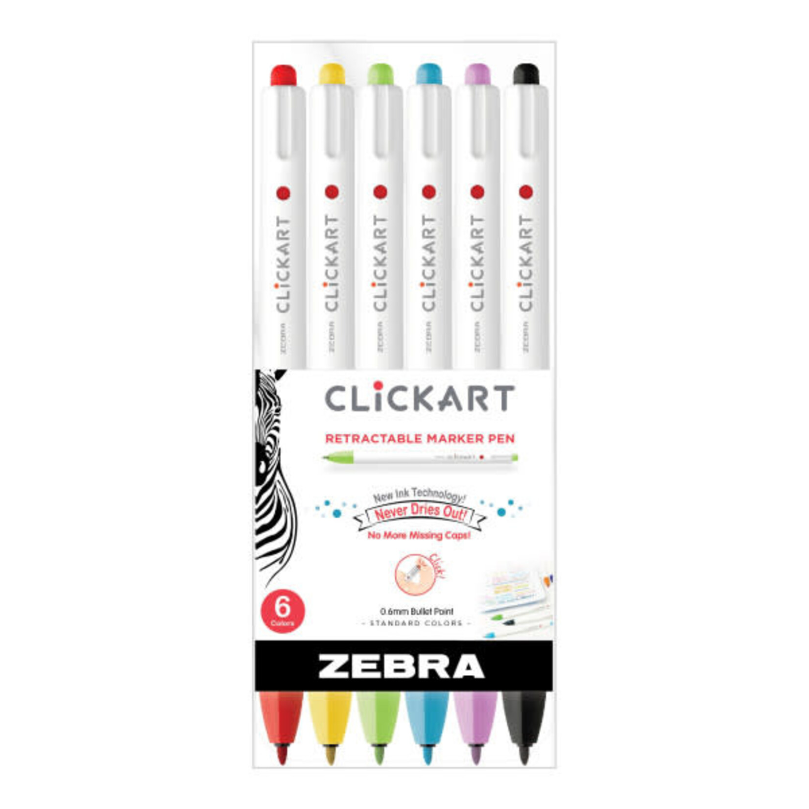 Zebra ClickArt Retractable Marker Pen Sets, 6-Pen Set - Assorted Colors
