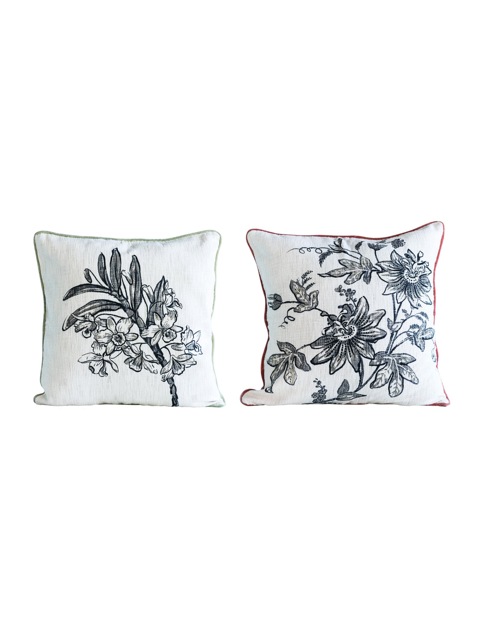Reversible Square Cream Cotton Pillows With Printed Brown Floral Designs Coral Sage Velvet Backs Set Of 2 Styles Vintage 615