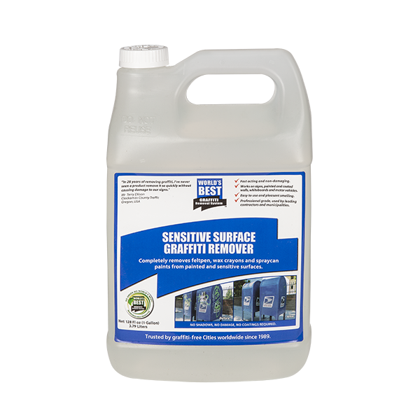 Tagaway graffiti remover in 1 GAL.. is our lighter version for smooth and  painted surfaces. This graffiti removal product is preferred by schools and  municipalities for marker vandalism removing.