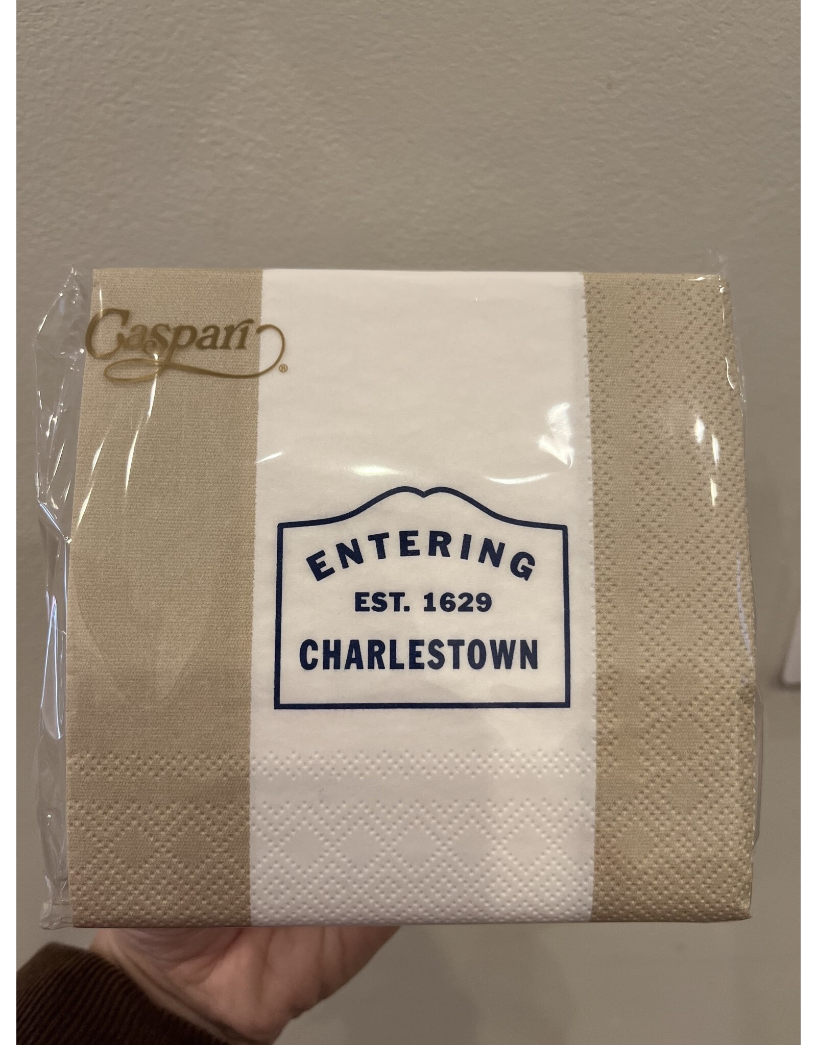 Caspari Entering Charlestown Navy and Tan Cocktail Napkins