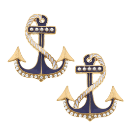 Canvas Style Georgina Enamel & Pearl Studded Anchor Earrings in Navy